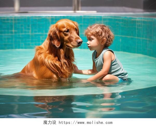 人类婴儿和金毛狗狗水下游泳嬉戏